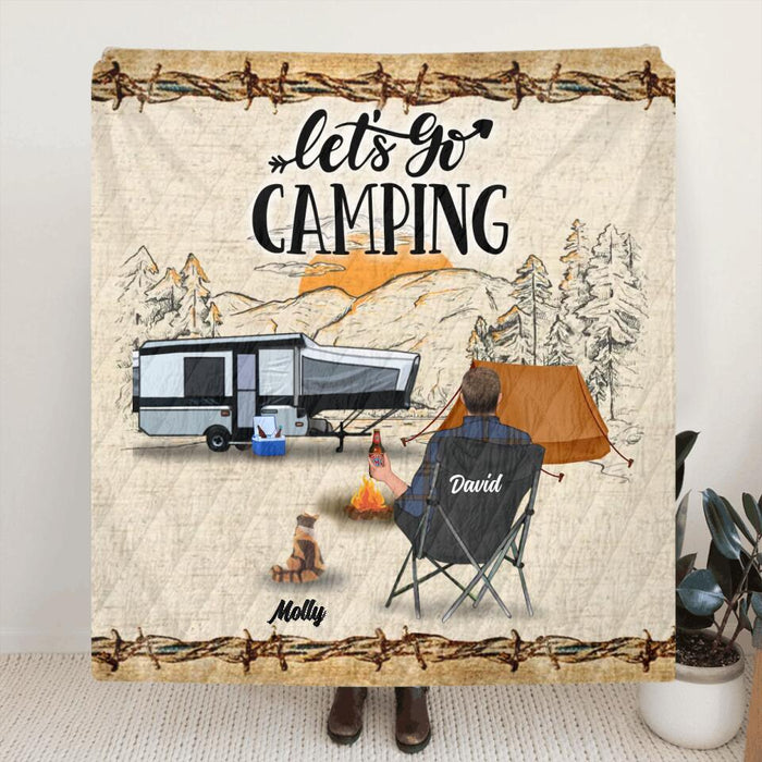 Custom Personalized Camping Quilt/Single Layer Fleece Blanket - Gift Idea For Camping Lovers - Couple/Single Man/Woman With Upto 6 Pets - Let's Go Camping