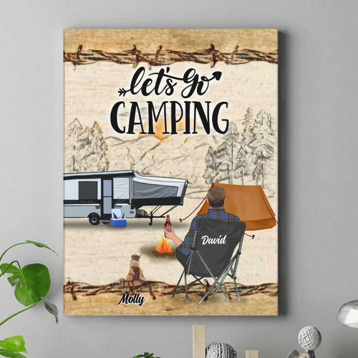 Custom Personalized Camping Vertical Canvas - Gift Idea For Camping Lovers - Couple/Single Man/Woman With Upto 6 Pets - Let's Go Camping