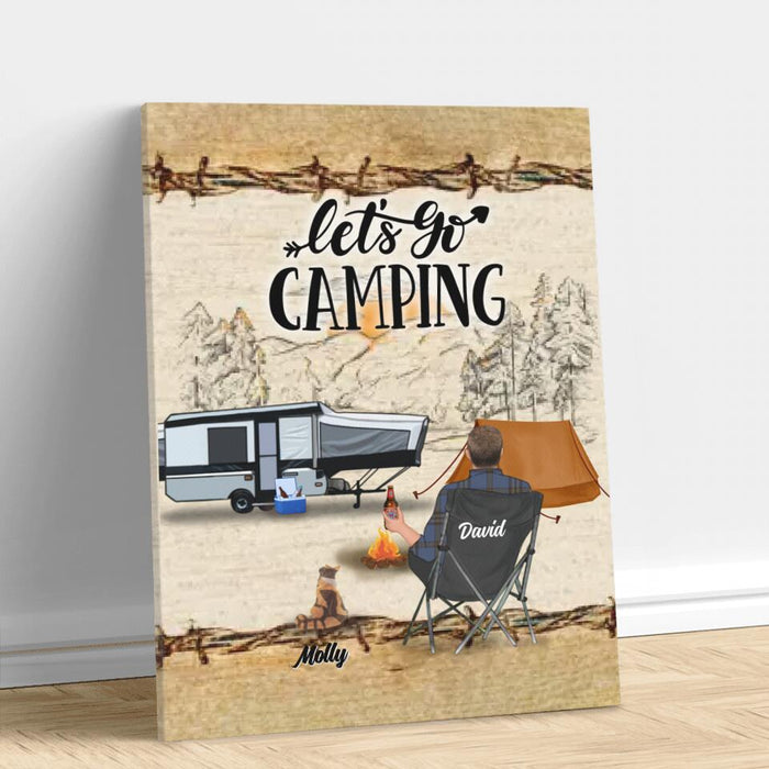 Custom Personalized Camping Vertical Canvas - Gift Idea For Camping Lovers - Couple/Single Man/Woman With Upto 6 Pets - Let's Go Camping