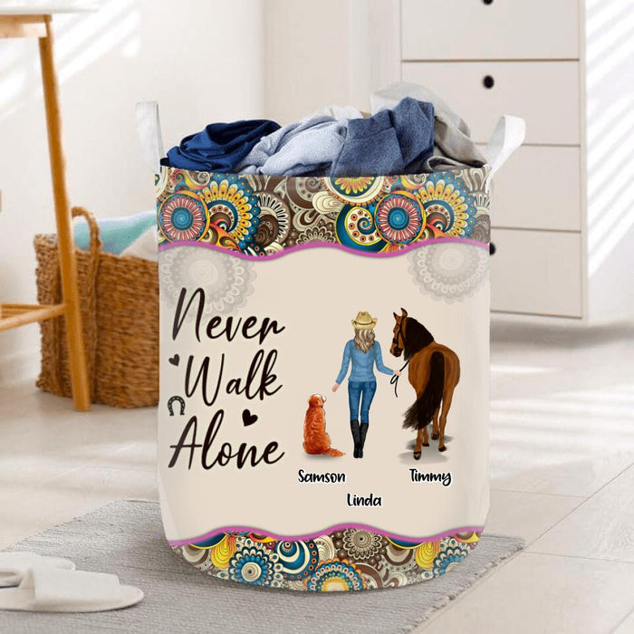 Custom Personalized Horse And Dog Laundry Basket - Upto 2 Dogs - Gift Idea For Horse/Dog Lovers - Never Walk Alone