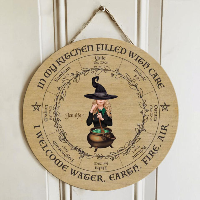 Custom Personalized Witch Circle Wooden Sign - Home/ Kitchen Decor Gift Idea - In My Kitchen Filled With Care I Welcome Water Earth Fire Air