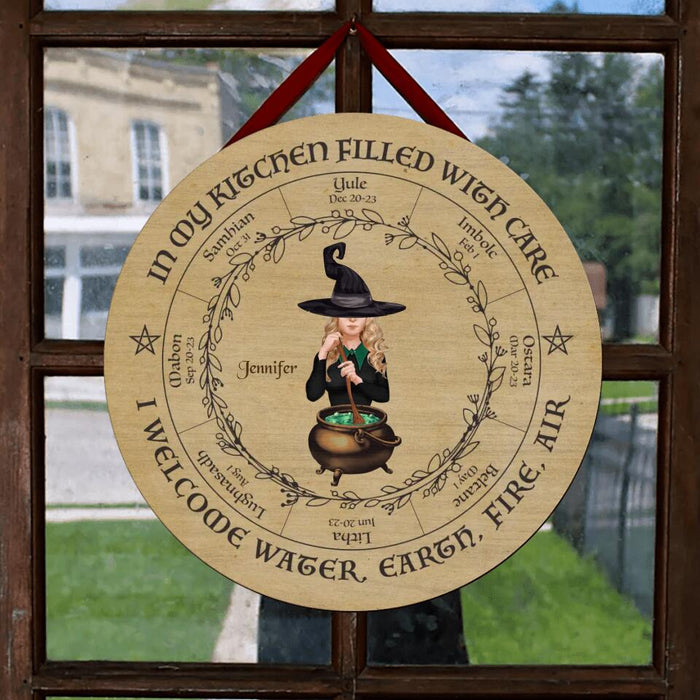 Custom Personalized Witch Circle Wooden Sign - Home/ Kitchen Decor Gift Idea - In My Kitchen Filled With Care I Welcome Water Earth Fire Air