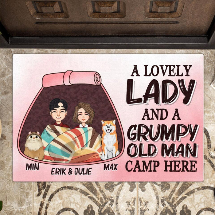 Custom Personalized Camping Doormat - Gift Idea For Couple/ Camping Lover/ Pet Lover - Mother's Day Gift For Wife From Husband- A Lovely Lady And A Grumpy Old Man Camp Here