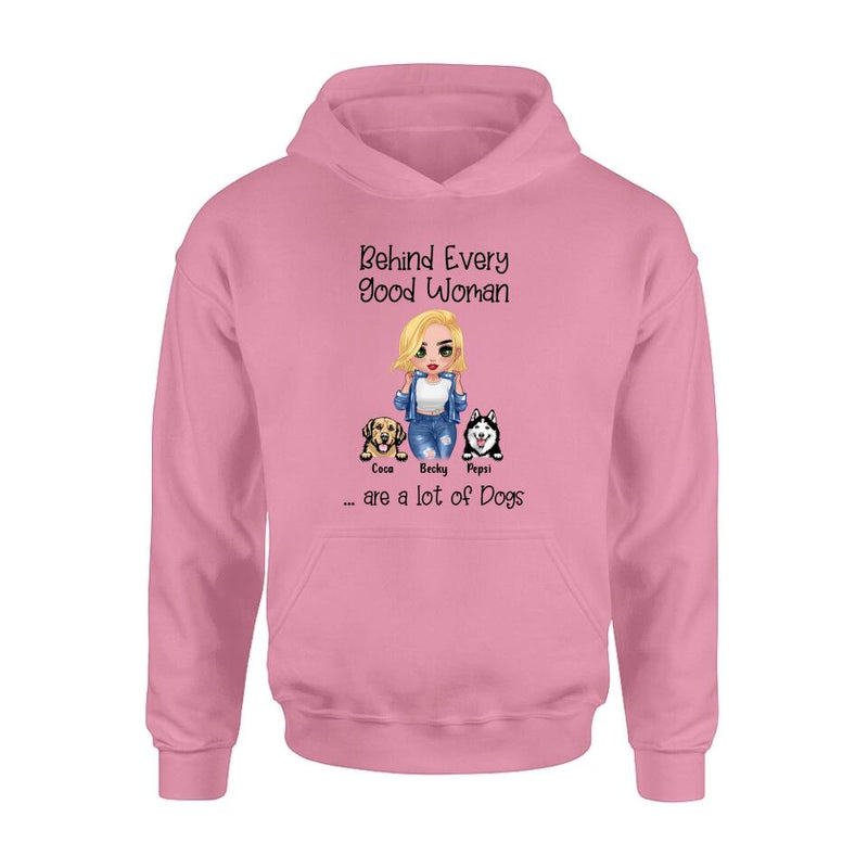 Personalized Pet Mom T-Shirt/Long Sleeve/Sweatshirt/Hoodie - Up to 6 Pets - Gift Idea For Dog/Cat Lover - Behind Every Good Woman Are A Lot Of Dogs