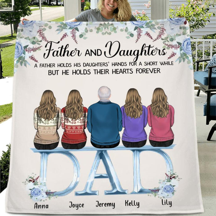 Custom Personalized Father Quilt/Single Layer Fleece Blanket - Upto 5 People - Father's Day Gift Idea For Father - Father & Daughters A Father Holds His Daughters Hands For A Short While