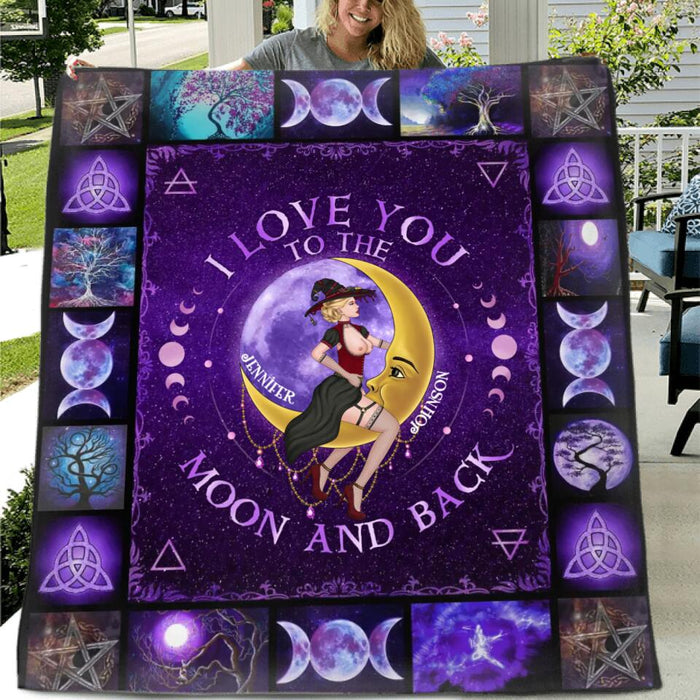 Custom Personalized Witch Couple Quilt/Single Layer Fleece Blanket - Gift Idea For Couple/ Witch Lovers - I Love You To The Moon And Back