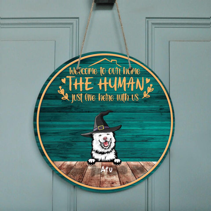 Custom Personalized Halloween Dog Cat Circle Door Sign - Upto 5 Pets - Halloween Gift For Cat/ Dog Lover - Welcome To Our Home