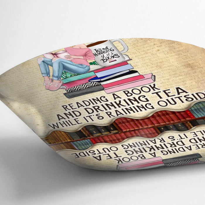 Custom Personalized Reading Book Girl Pillow Cover - Gift Idea For Book Lovers - Happiness Is Reading A Book And Drinking Tea While It's Raining Outside