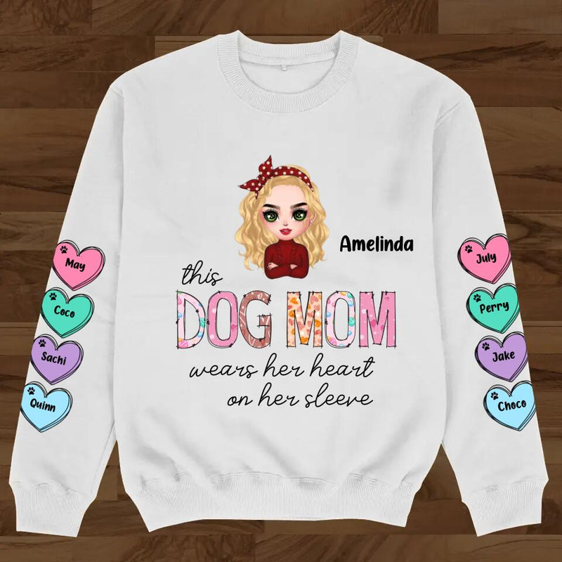 Personalized Dog Mom Sweater - Mother's Day/Birthday Gift for Mother - Up to 8 Hearts - This Dog Mom Wears Her Heart On Her Sleeve