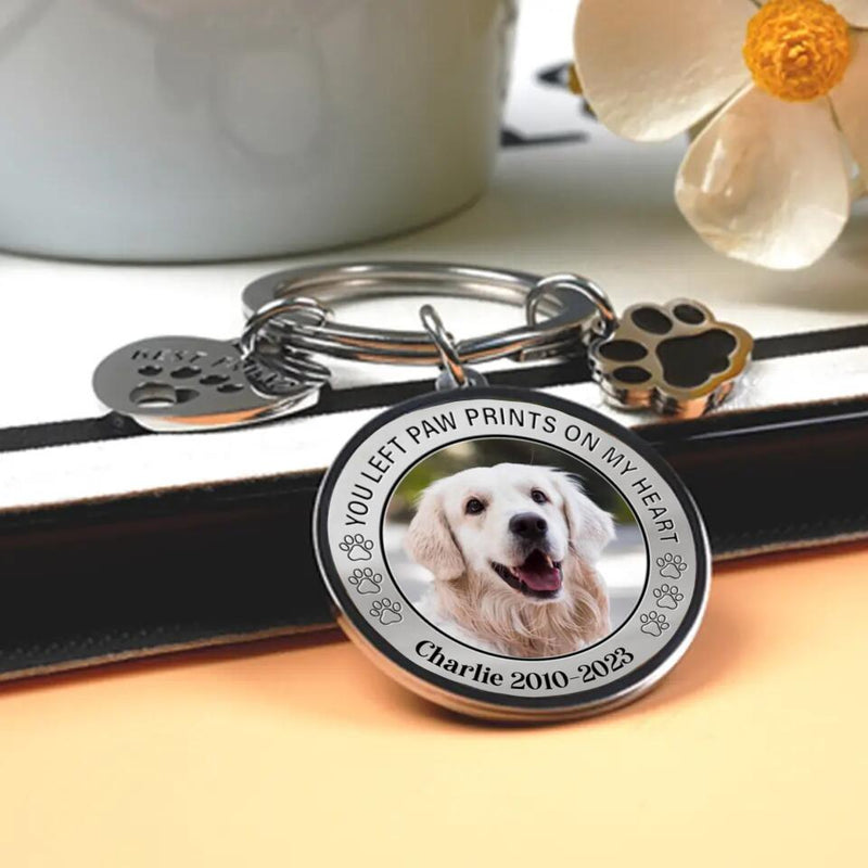 Personalized Photo Keychain Pet Charm Key Ornaments - Memorial Gift for Dog/Cat Lovers - You left paw prints on my heart