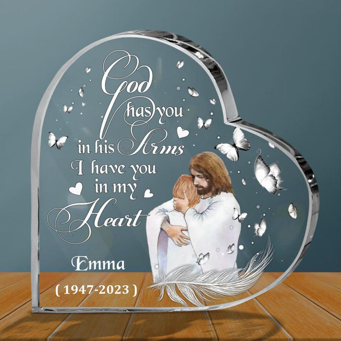 Custom Personalized Safe In The Arms Of Jesus Crystal Heart - Memorial Gift Idea For Family Member - God Has You In His Arms I Have You In My Heart