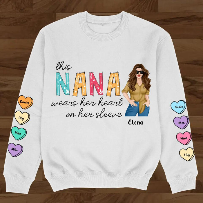Personalized Nana Sweater - Gift for Grandma - Up to 8 Hearts - This Nana Wears Her Heart On Her Sleeve