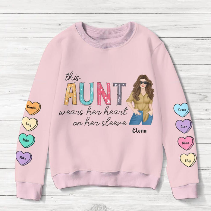 Personalized Aunt Sweater - Gift for Aunt - Up to 8 Hearts - This Aunt Wears Her Heart On Her Sleeve