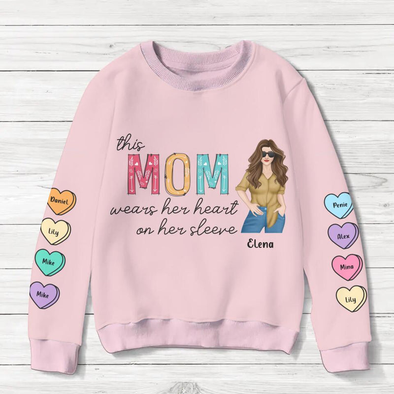 Personalized Mom Sweater - Gift for Mother's Day - Up to 8 Hearts - This Mom Wears Her Heart On Her Sleeve