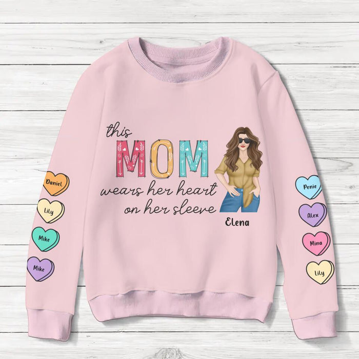 Personalized Mom Sweater - Gift for Mother's Day - Up to 8 Hearts - This Mom Wears Her Heart On Her Sleeve