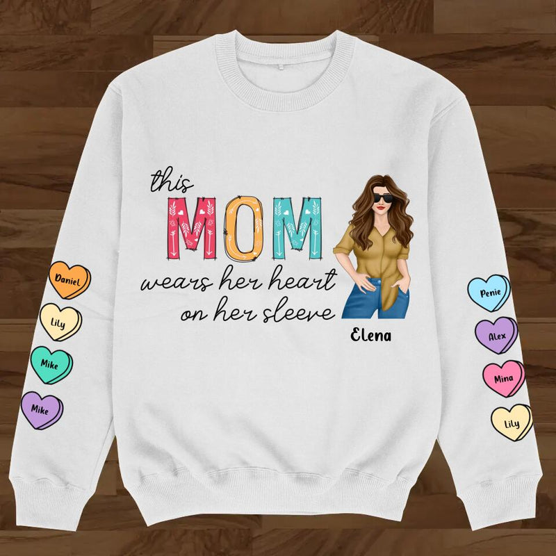 Personalized Mom Sweater - Gift for Mother's Day - Up to 8 Hearts - This Mom Wears Her Heart On Her Sleeve