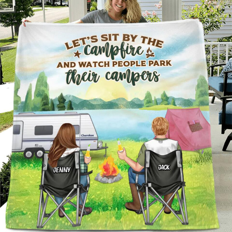 Personalized Camping Couple Fleece Throw Blanket/Quilt - Gift for Camping Lovers - Let's Sit By The Campfire And Watch People Park Their Campers
