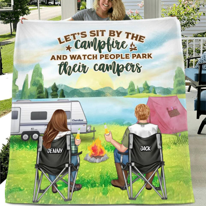 Custom Personalized Camping Couple Singer Layer Fleece/Quilt Blanket - Gift for Couple/Camping Lovers/ Mother's Day Gift From Husband - Let's Sit By The Campfire And Watch People Park Their Campers