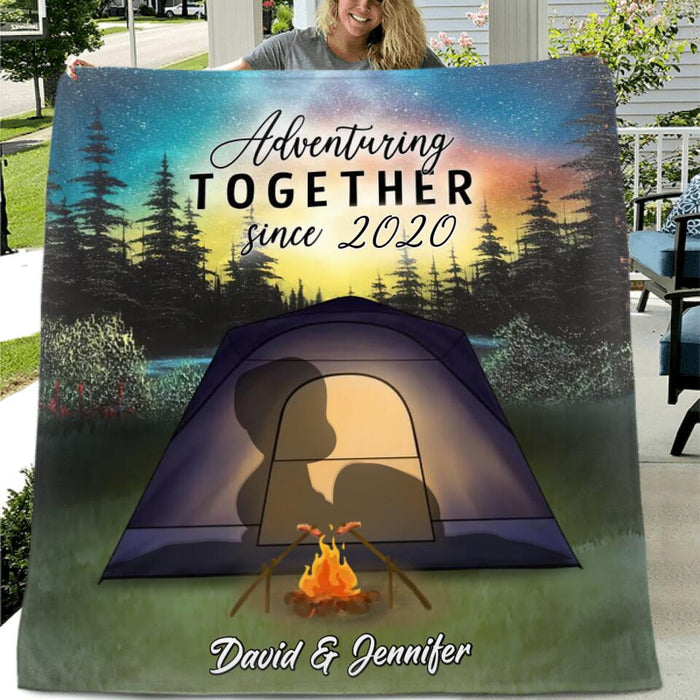 Custom Personalized Camping Silhouette Fleece/Quilt Blanket - Gift For Camping Lovers/ Couple/Husband and Wife - Adventure together since 2020