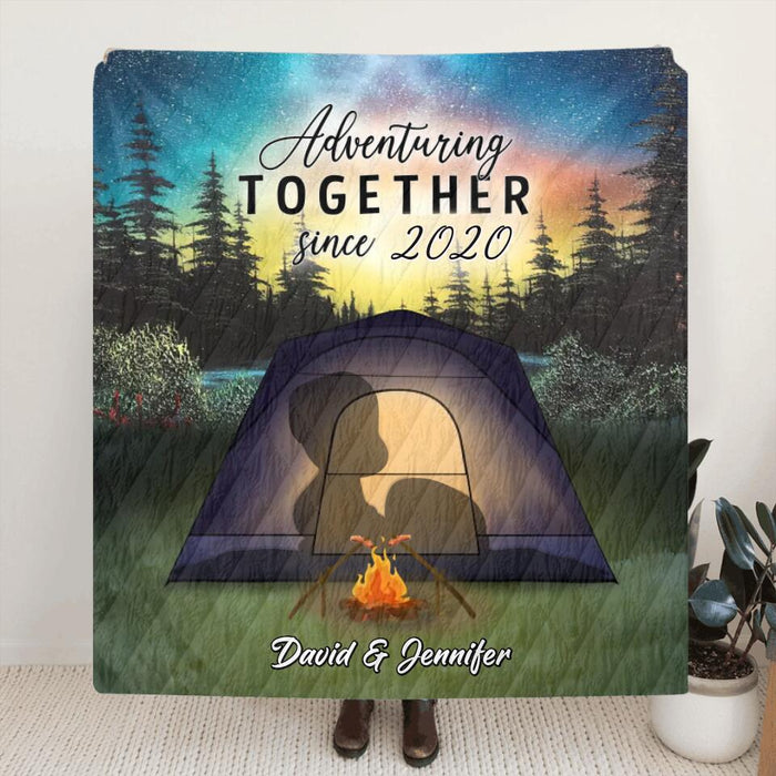 Custom Personalized Camping Silhouette Fleece/Quilt Blanket - Gift For Camping Lovers/ Couple/Husband and Wife - Adventure together since 2020