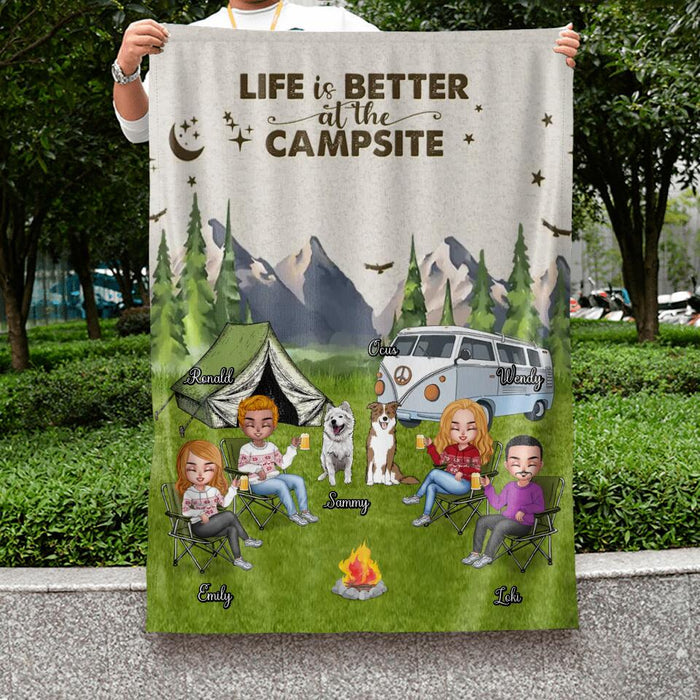 Custom Personalized Camping Flag - Upto 4 People and 2 Pets - Gift Idea For Couple/Camping/Dog/Cat Lovers - Life Is Better At The Campsite