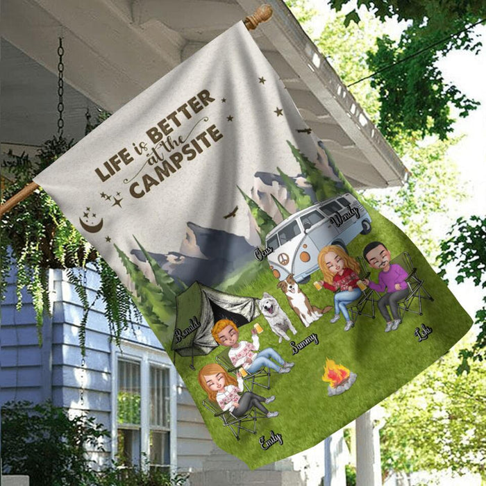 Custom Personalized Camping Flag - Upto 4 People and 2 Pets - Gift Idea For Couple/Camping/Dog/Cat Lovers - Life Is Better At The Campsite