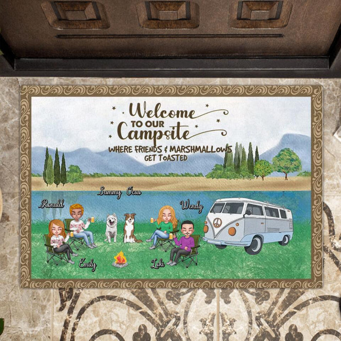 Custom Personalized Camping Doormat - Upto 4 People and 2 Pets - Gift Idea For Couple/ Camping/ Dog/Cat Lovers - Welcome To Our Campsite