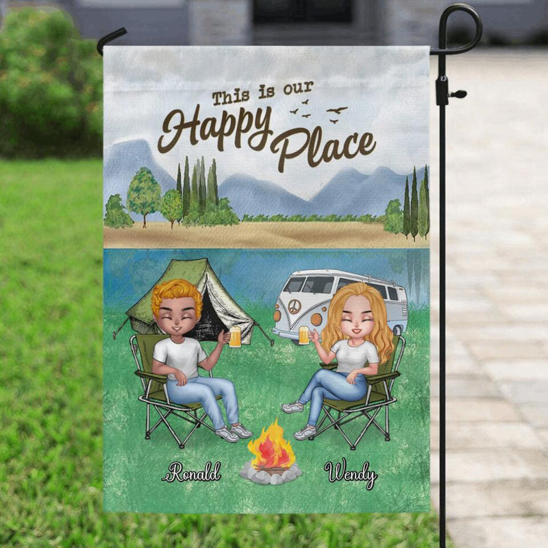 Personalized Camping Flag Sign - Up to 4 People and 2 Pets - Gift Idea For Couple/Camping/Dog/Cat Lovers - This Is Our Happy Place