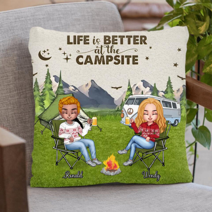 Custom Personalized Camping Quilt/Fleece Blanket/Pillow Cover - Upto 4 People and 2 Pets - Gift Idea For Couple/Camping/Dog/Cat Lovers - Life Is Better At The Campsite