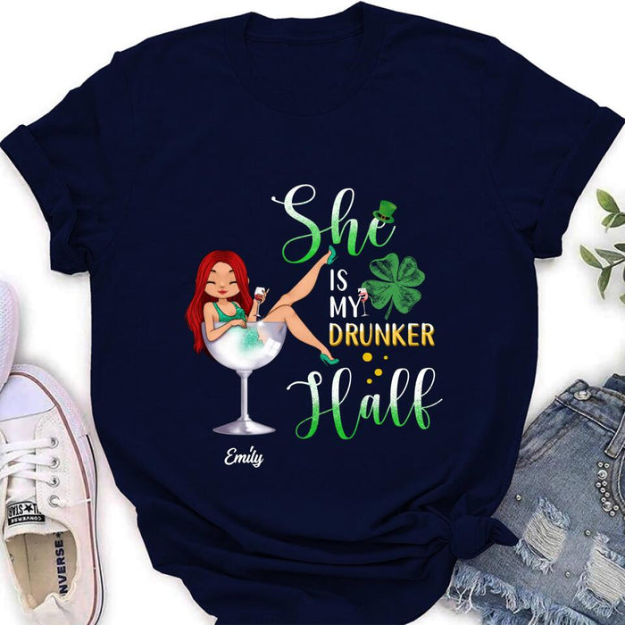 Custom Personalized Drunker Half T-Shirt/ Long Sleeve/ Sweatshirt/ Hoodie - Gift Idea For St. Patrick's Day - She Is My Drunker Half
