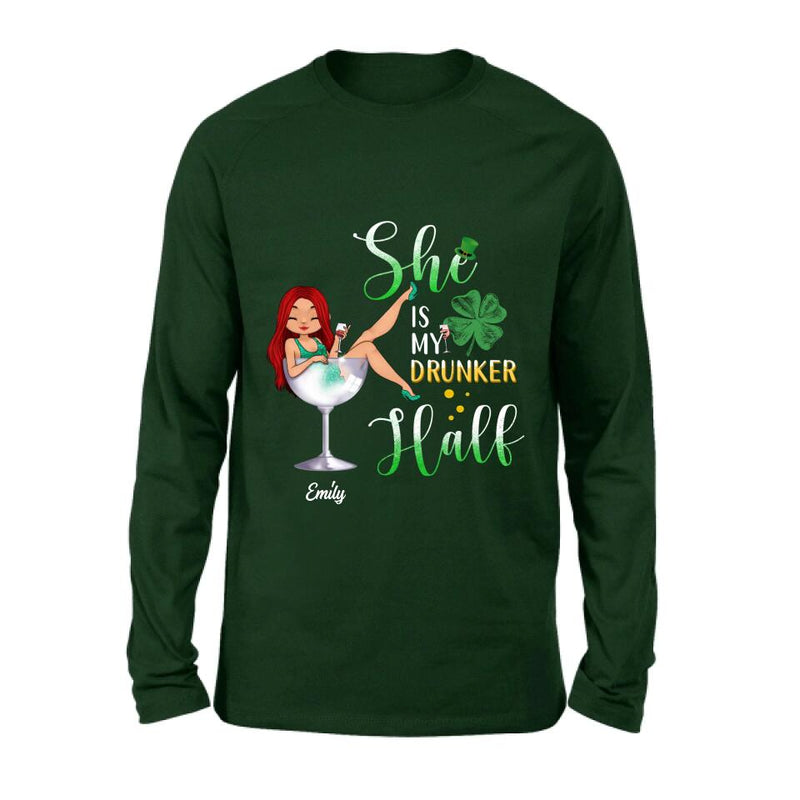 Personalized Drunker Half T-Shirt/Long Sleeve/Sweatshirt/Hoodie - Gift Idea For St. Patrick's Day - She Is My Drunker Half