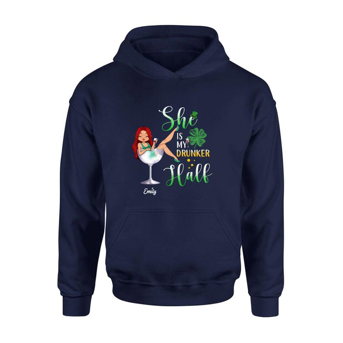 Custom Personalized Drunker Half T-Shirt/ Long Sleeve/ Sweatshirt/ Hoodie - Gift Idea For St. Patrick's Day - She Is My Drunker Half