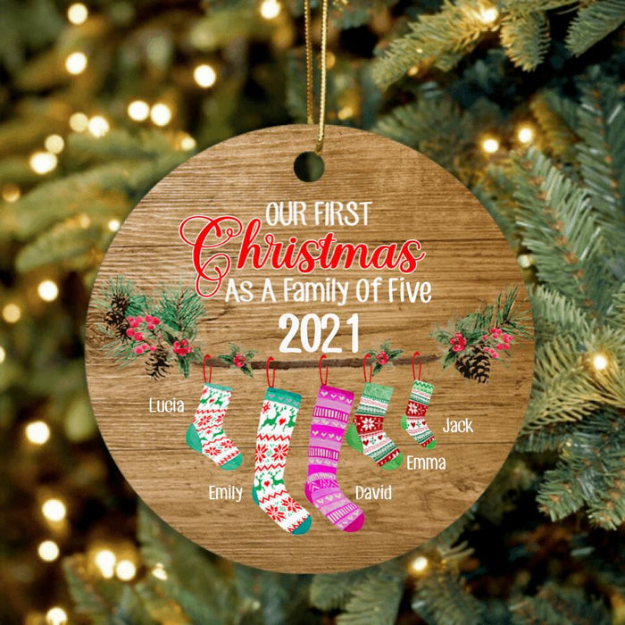 Custom Personalized Christmas Ornament - Up to 5 Socks - Our First Christmas As A Family