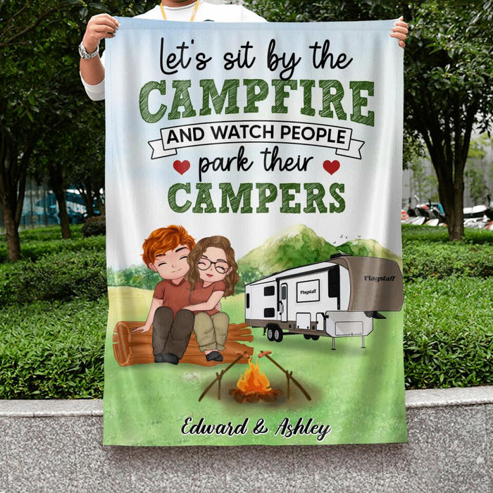 Custom Personalized Couple Flag Sign - Gift For Couple/ Camping Lovers - Let's Sit By The Campfire And Watch People Park Their Campers