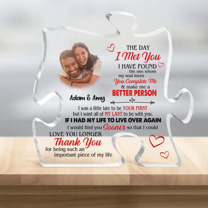 Custom Personalized Couple Photo Puzzle Acrylic Plaque - Gift Idea for Couple - The Day I Met You