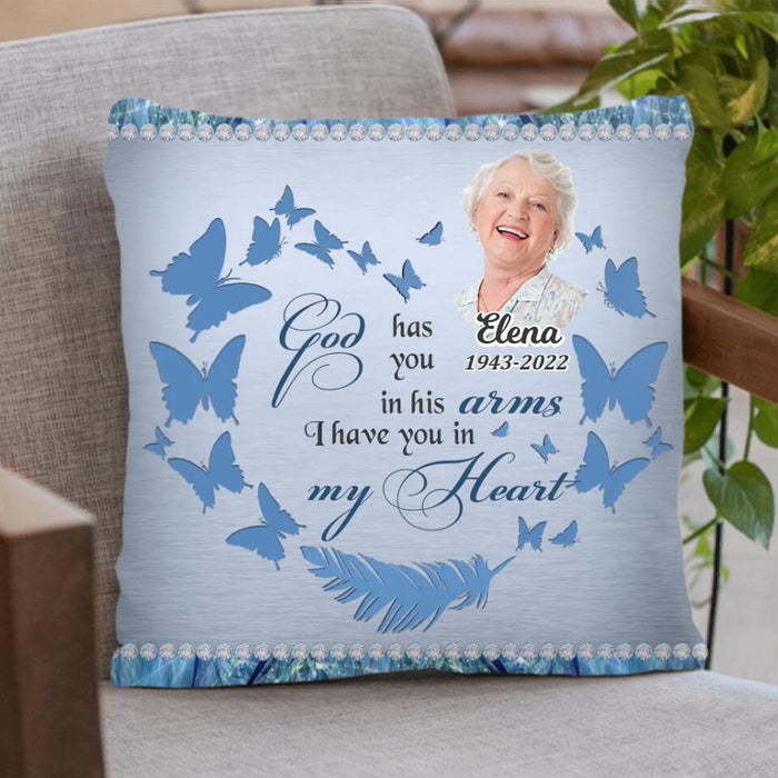 Custom Personalized Memorial Photo Pillow Cover/ Single Layer Fleece/Quilt Blanket - Memorial Gift Idea - God Has You In His Arms I Have You In My Heart