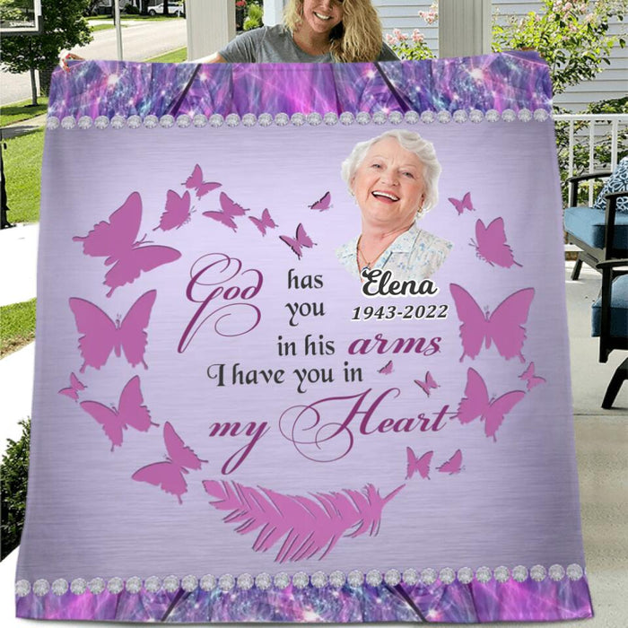 Custom Personalized Memorial Photo Pillow Cover/ Single Layer Fleece/Quilt Blanket - Memorial Gift Idea - God Has You In His Arms I Have You In My Heart