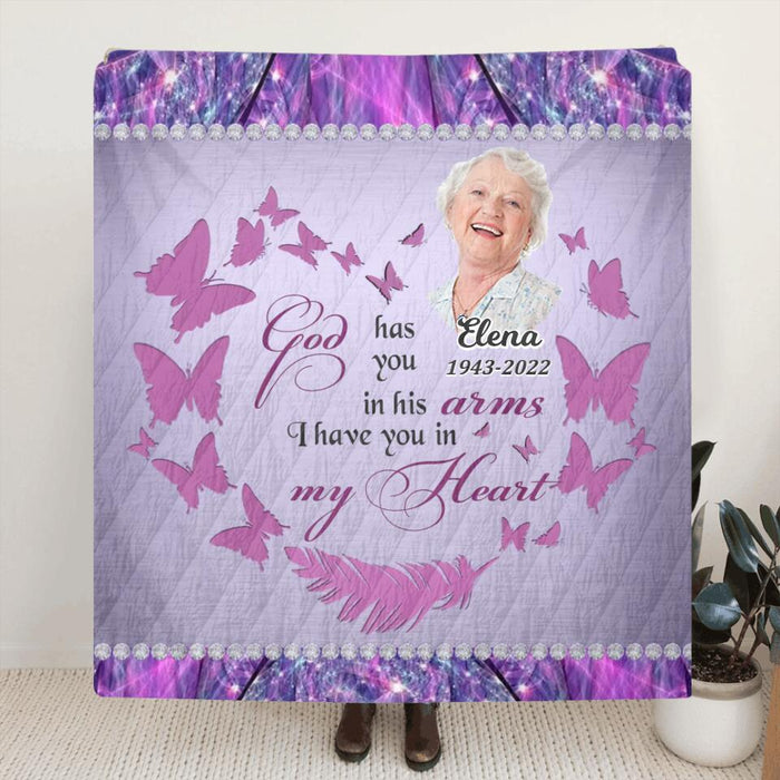 Custom Personalized Memorial Photo Pillow Cover/ Single Layer Fleece/Quilt Blanket - Memorial Gift Idea - God Has You In His Arms I Have You In My Heart