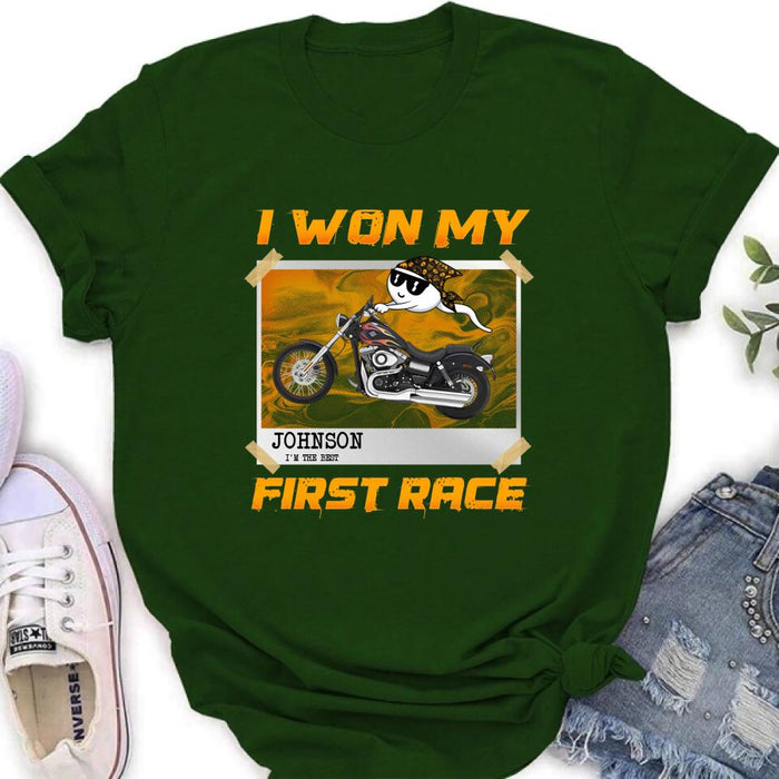 Custom Personalized Sperm Racing T-shirt/ Long Sleeve/ Sweatshirt/ Hoodie - Birthday Gift For Motorcycle Lover - I Won My First Race