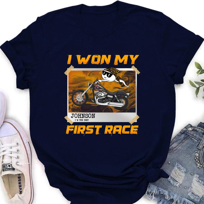 Custom Personalized Sperm Racing T-shirt/ Long Sleeve/ Sweatshirt/ Hoodie - Birthday Gift For Motorcycle Lover - I Won My First Race