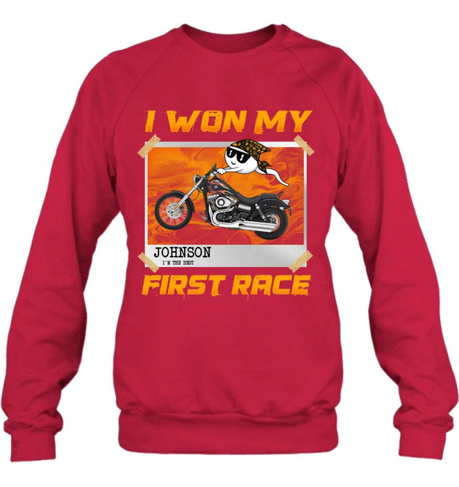 Custom Personalized Sperm Racing T-shirt/ Long Sleeve/ Sweatshirt/ Hoodie - Birthday Gift For Motorcycle Lover - I Won My First Race