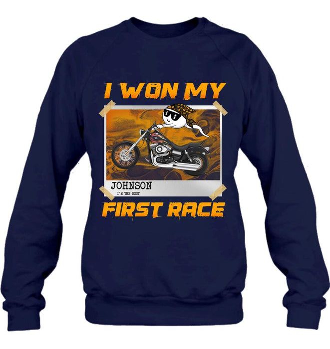 Custom Personalized Sperm Racing T-shirt/ Long Sleeve/ Sweatshirt/ Hoodie - Birthday Gift For Motorcycle Lover - I Won My First Race