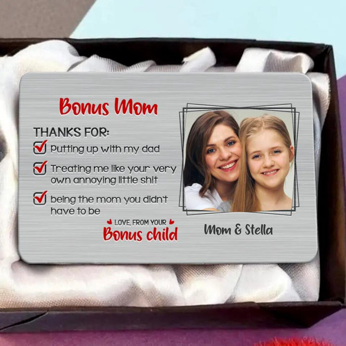 Custom Personalized Bonus Mom Aluminum Wallet Card - Mother's Day Gift Idea From Daughter/Son To Bonus Mom - Thank You, Love From Bonus Child