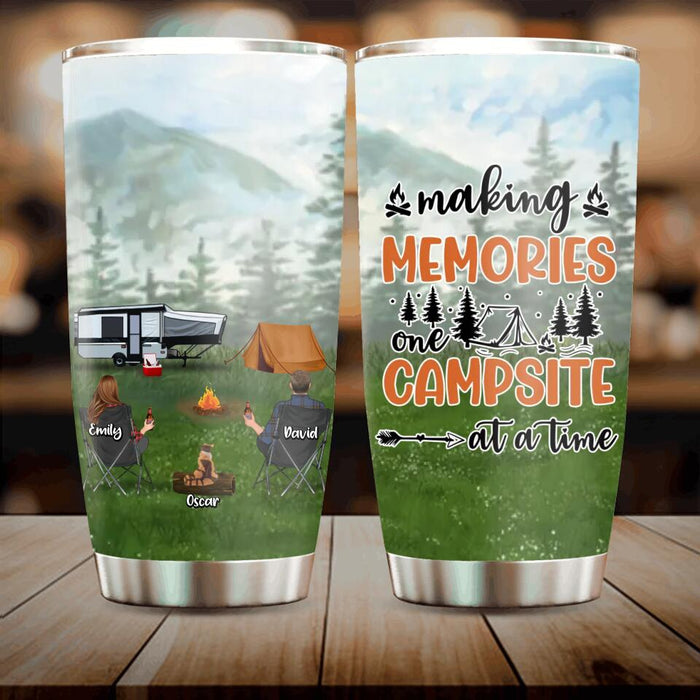 Custom Personalized Camping Tumbler - Couple/Parents with Up to 3 Children and 4 Pets - Gift Idea From Camping Lovers/Family - Making Memories One Campsite At A Time