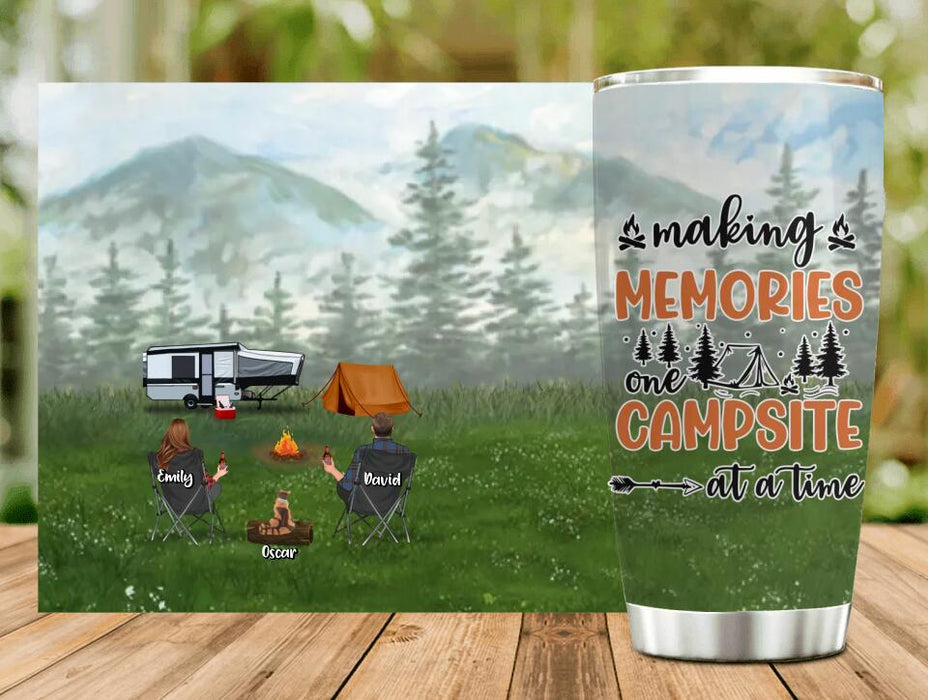 Custom Personalized Camping Tumbler - Couple/Parents with Up to 3 Children and 4 Pets - Gift Idea From Camping Lovers/Family - Making Memories One Campsite At A Time