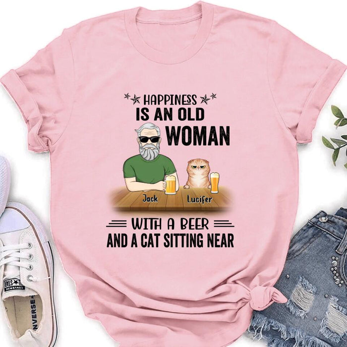 Custom Personalized Pet Lovers T-shirt - Gift Idea For Friends/Besties/Family - Happiness Is An Old Man With A Beer And A Cat Sitting Near