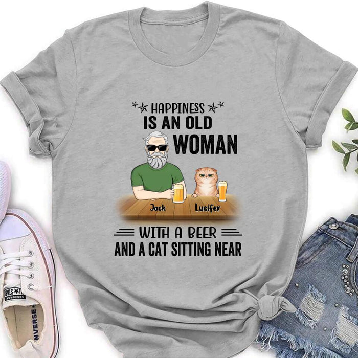 Custom Personalized Pet Lovers T-shirt - Gift Idea For Friends/Besties/Family - Happiness Is An Old Man With A Beer And A Cat Sitting Near