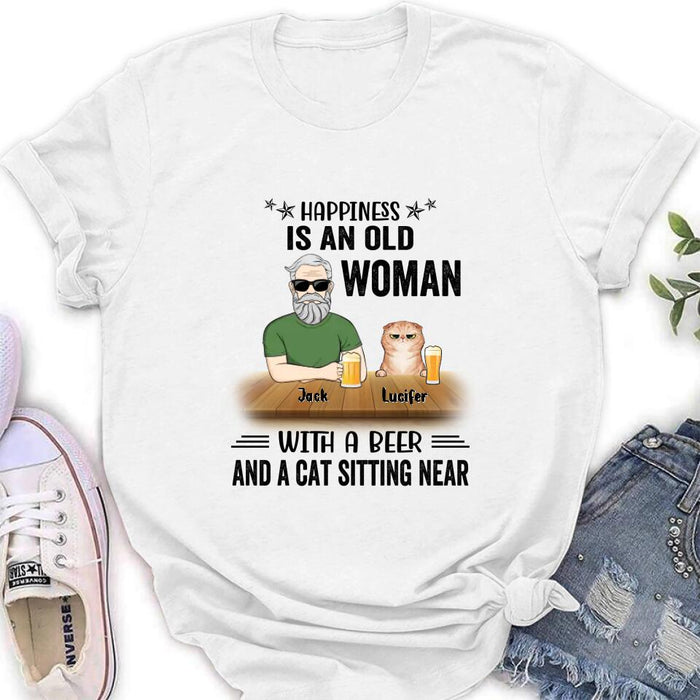 Custom Personalized Pet Lovers T-shirt - Gift Idea For Friends/Besties/Family - Happiness Is An Old Man With A Beer And A Cat Sitting Near