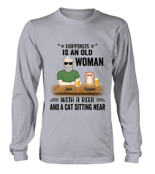 Custom Personalized Pet Lovers T-shirt - Gift Idea For Friends/Besties/Family - Happiness Is An Old Man With A Beer And A Cat Sitting Near