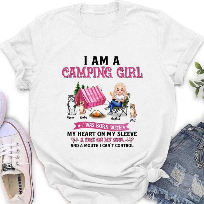 Custom Personalized Camping T-shirt/Hoodie/Sleeve/Sweater - Gift for Camping Lovers, Dog Lovers - Camping Queen Dog Mom - Up to 3 Dogs - I am a camping girl
